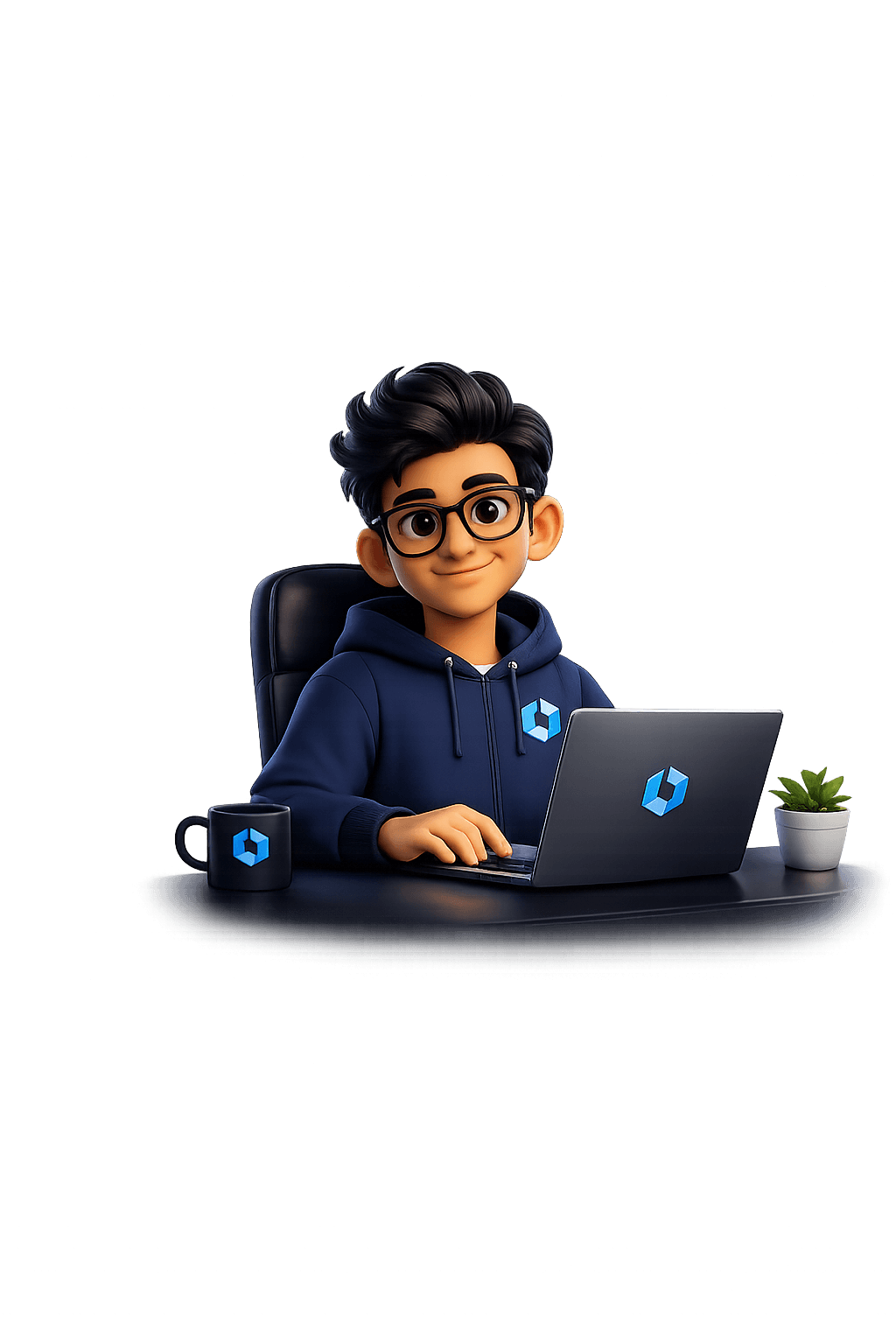 HaxWorld ERP mascot working at a laptop